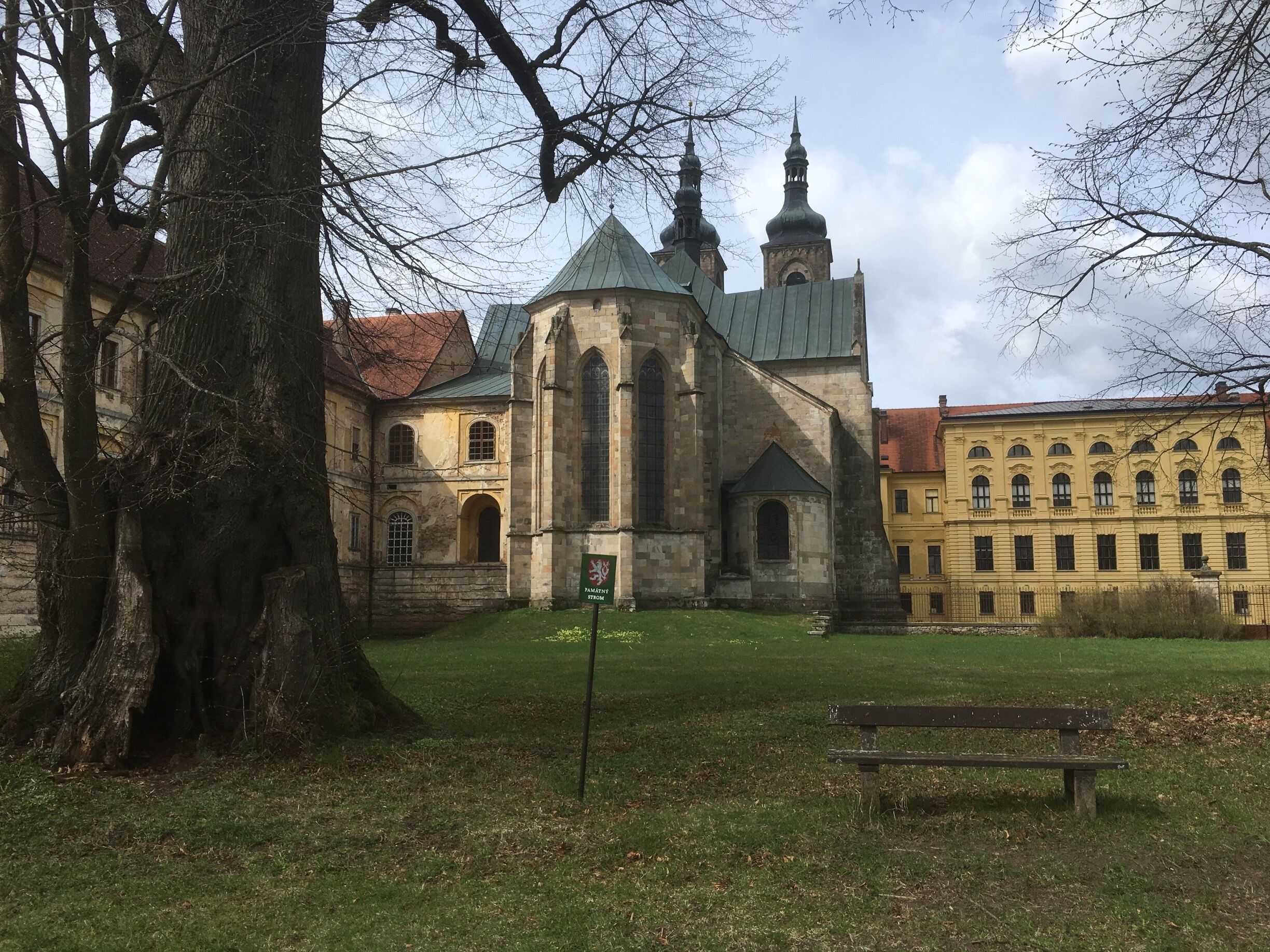 A historic church with a green roof and two spires, surrounded by trees and a grassy area with a bench.