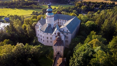 A large, historic building with a prominent tower and a clock, surrounded by lush greenery and fields.