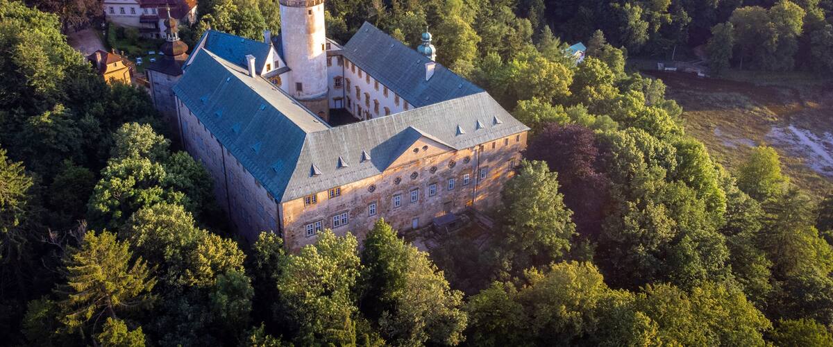 Un castillo rodeado de un bosque denso, con una torre destacada y un edificio grande con techo inclinado.