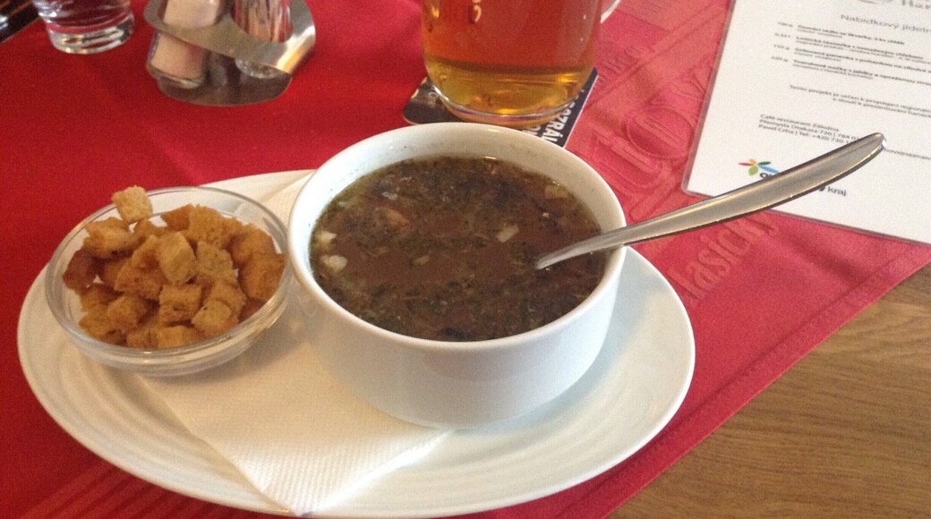 Garlic Soup from the Haná region (Hanácká česnečka).
Whilst cheese is often added to this dish, this region uses the locally produced Olomoucké tvarůžky - a low fat cheese with a strong flavour and distinctive smell.
You'll struggle to find this particular dish, and others using this cheese, in other parts of the the Czech Republic.