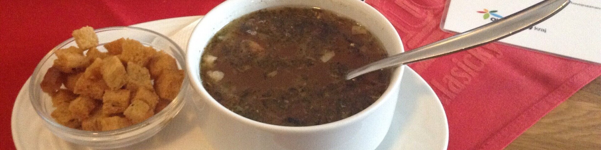 Garlic Soup from the Haná region (Hanácká česnečka).
Whilst cheese is often added to this dish, this region uses the locally produced Olomoucké tvarůžky - a low fat cheese with a strong flavour and distinctive smell.
You'll struggle to find this particular dish, and others using this cheese, in other parts of the the Czech Republic.