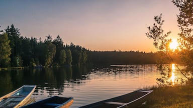 Un tramonto su un lago calmo, con barche ormeggiate sulla riva e una foresta sullo sfondo.