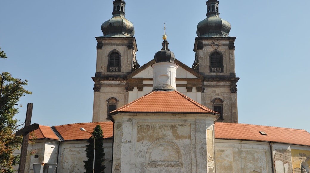 A church with two domes and a central tower.