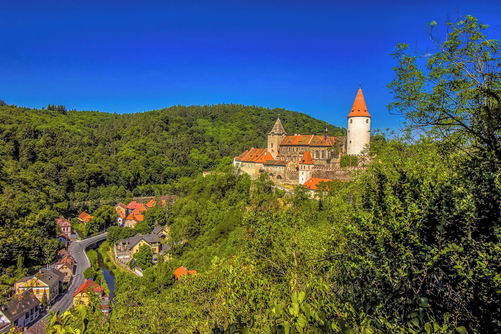 A historic castle with a red-tiled roof and a tall tower on a lush green hill.