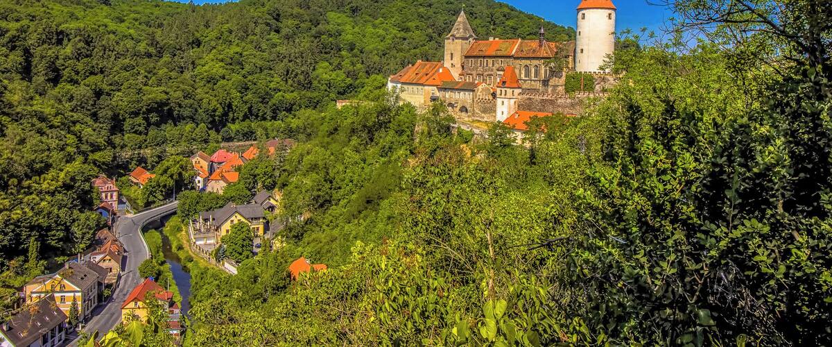 A historic castle with a red-tiled roof and a tall tower on a lush green hill.