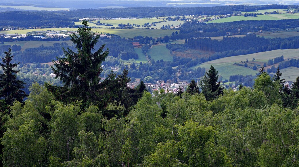 Pลรญrodnรญ pamรกtka Vysokรฝ kรกmen, pohled zรกpadnรญm smฤrem na obce Erlbach v Nฤmecku