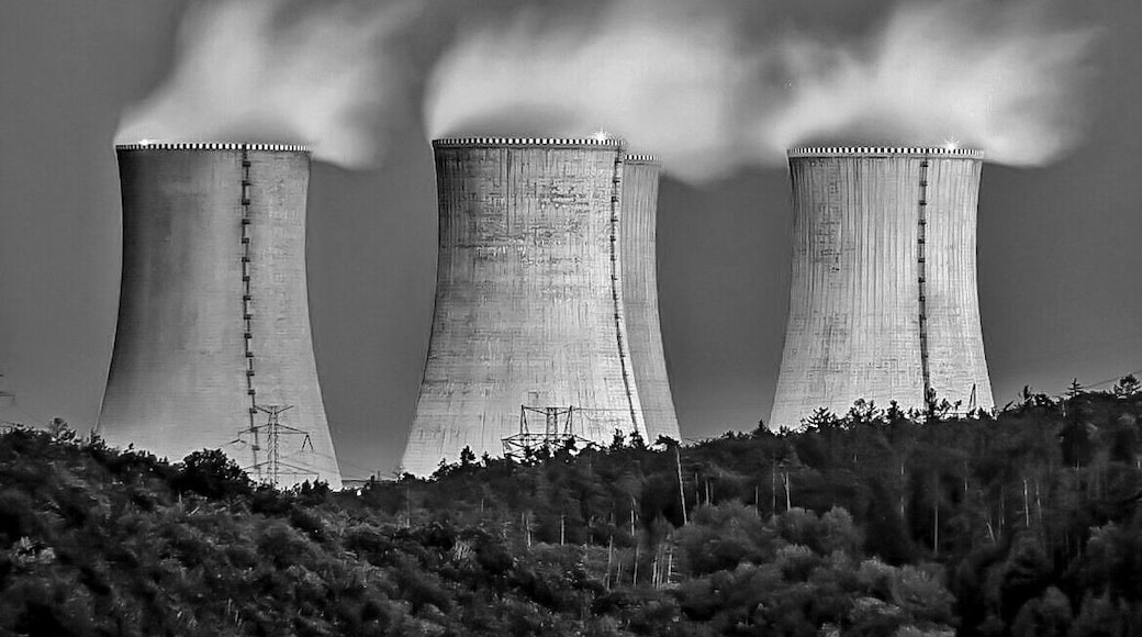 Night view over Mohelno dam to Dukovany nuclear plant