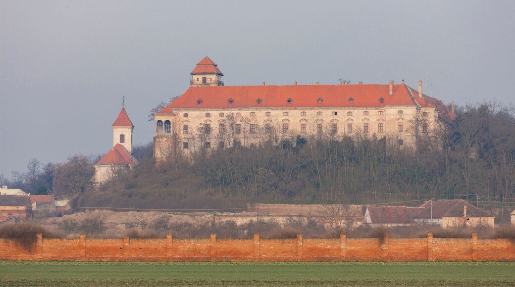 Un castillo grande con techo rojo, una torre más pequeña y una muralla que lo rodea.