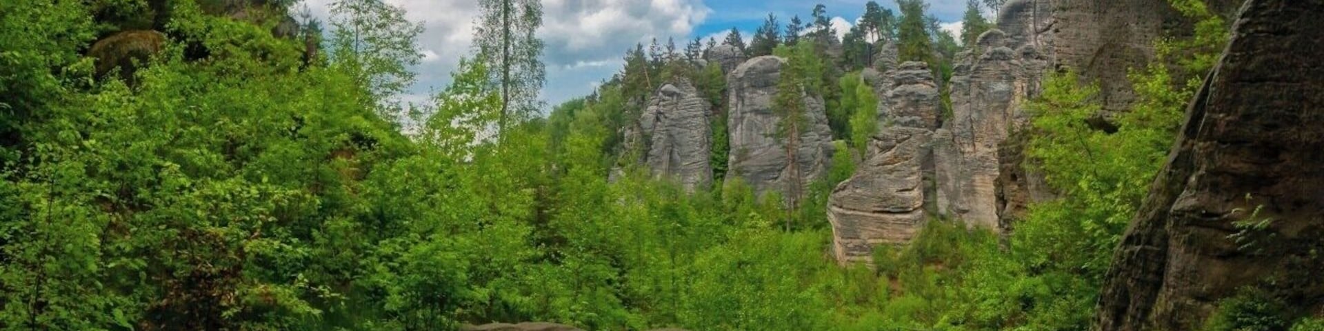 May 2015
Prachovske rocks, Bohemian Paradise, Czech republic
Prachovske skály (=rocks) are the most famous rock town in Czech republic. It was born as a sandstone sediment of a prehistoric ocean some 100 Milion years ago. It was formed by the water, wind, frost, rain and it created numerous rock towers which were in 1933 certified as a nature park reservation. It is situated ca. 100 km northeast from Prague near the town of Jičín.
The view is from the valley bellow the viewpoint Vyhlídka Českého ráje (=Bohemian Paradise). The greyish sandstone rock towers are surrounded by lush green trees and bushes.