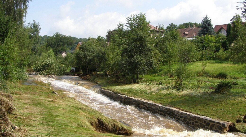 Frýdlant, potok Řasnice, první den po povodni v srpnu 2010, vymleté břehy