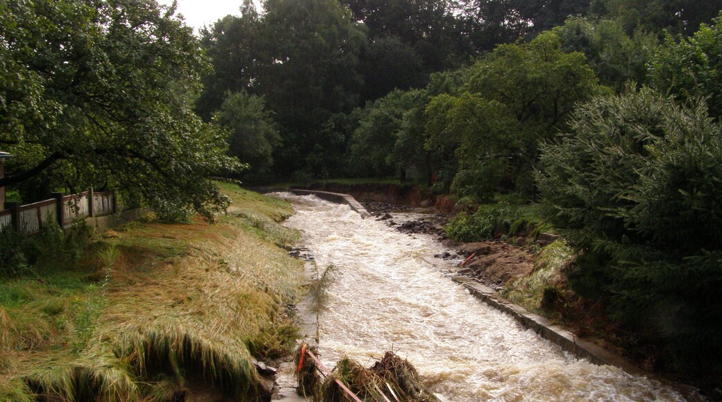 Frýdlant, potok Řasnice v ulici Šasnická, první den po povodni v srpnu 2010, vymleté břehy a mostek stržený asi 300 metrů po proudu