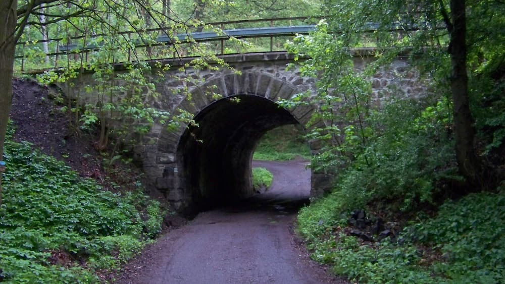 A stone bridge over a narrow road surrounded by lush greenery.