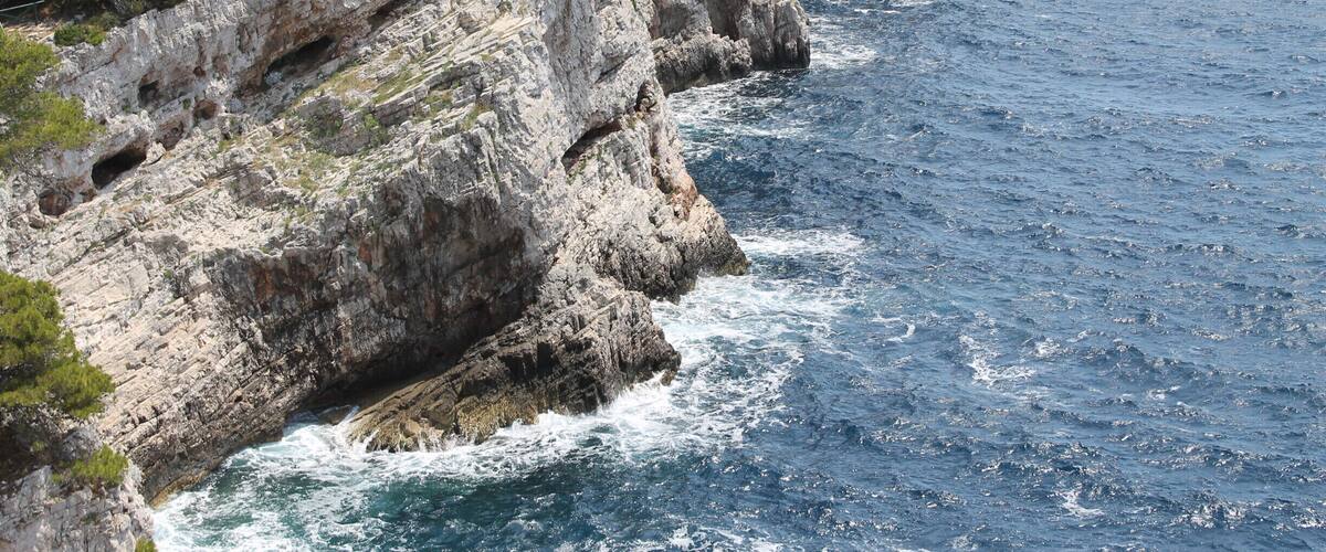 A coastal cliff with rocky terrain and dense greenery.