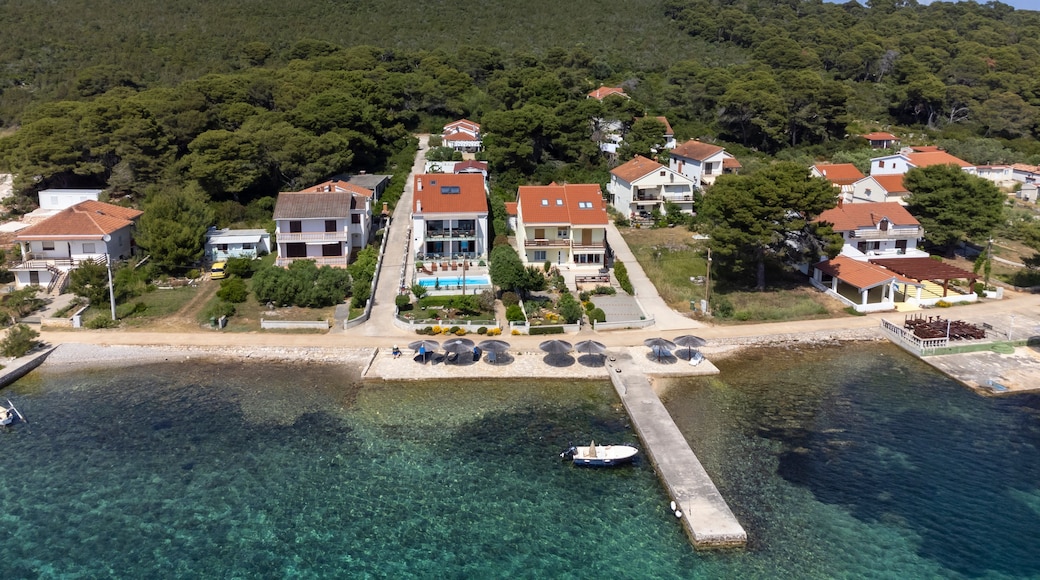 A coastal village with houses, a pier, and clear waters.