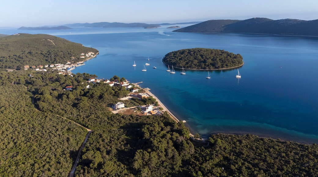 A coastal landscape with a small island surrounded by clear blue waters, a few sailboats, and a town with buildings and roads.