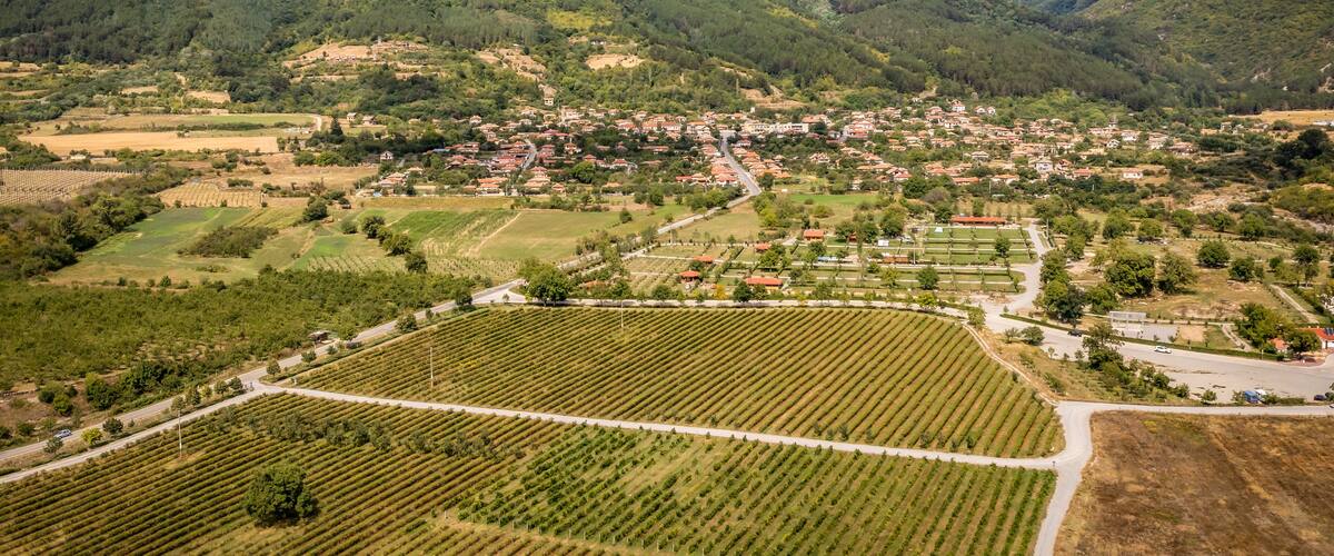 A town nestled in a valley with vineyards and mountains in the background.