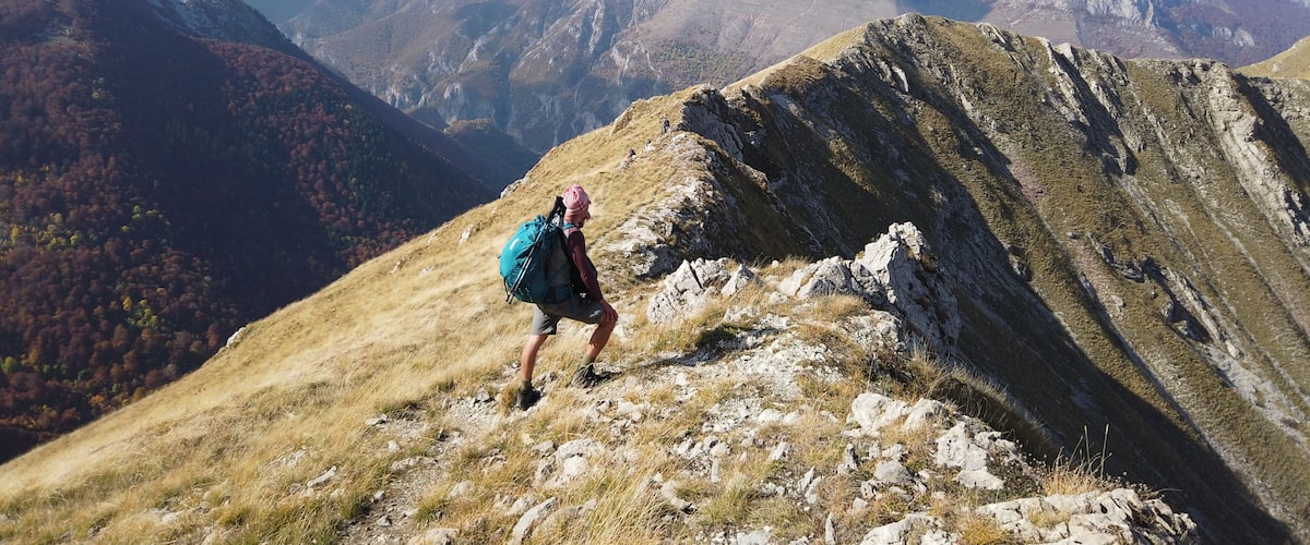 A hiker on a mountain ridge with autumn-colored trees in the valley below.