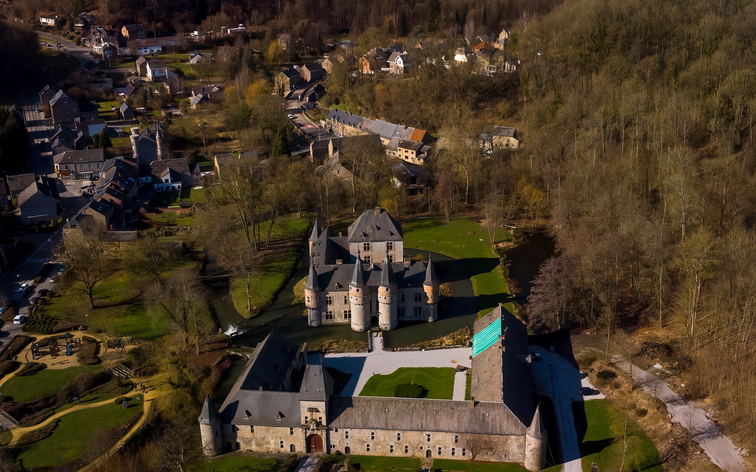 Aerial view of Spontin Castle (Château de Spontin), in Yvoir, Belgium