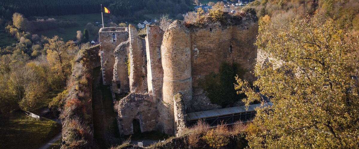 A medieval castle with a flag, surrounded by autumn foliage and hills.