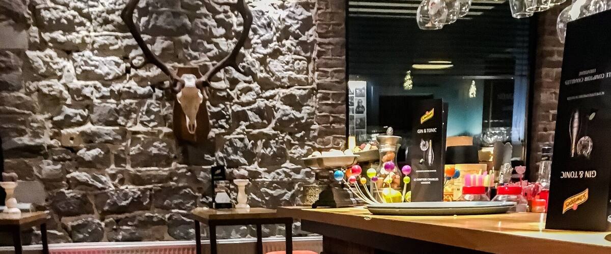 A bar with stools, a stone wall, and a mounted deer head.