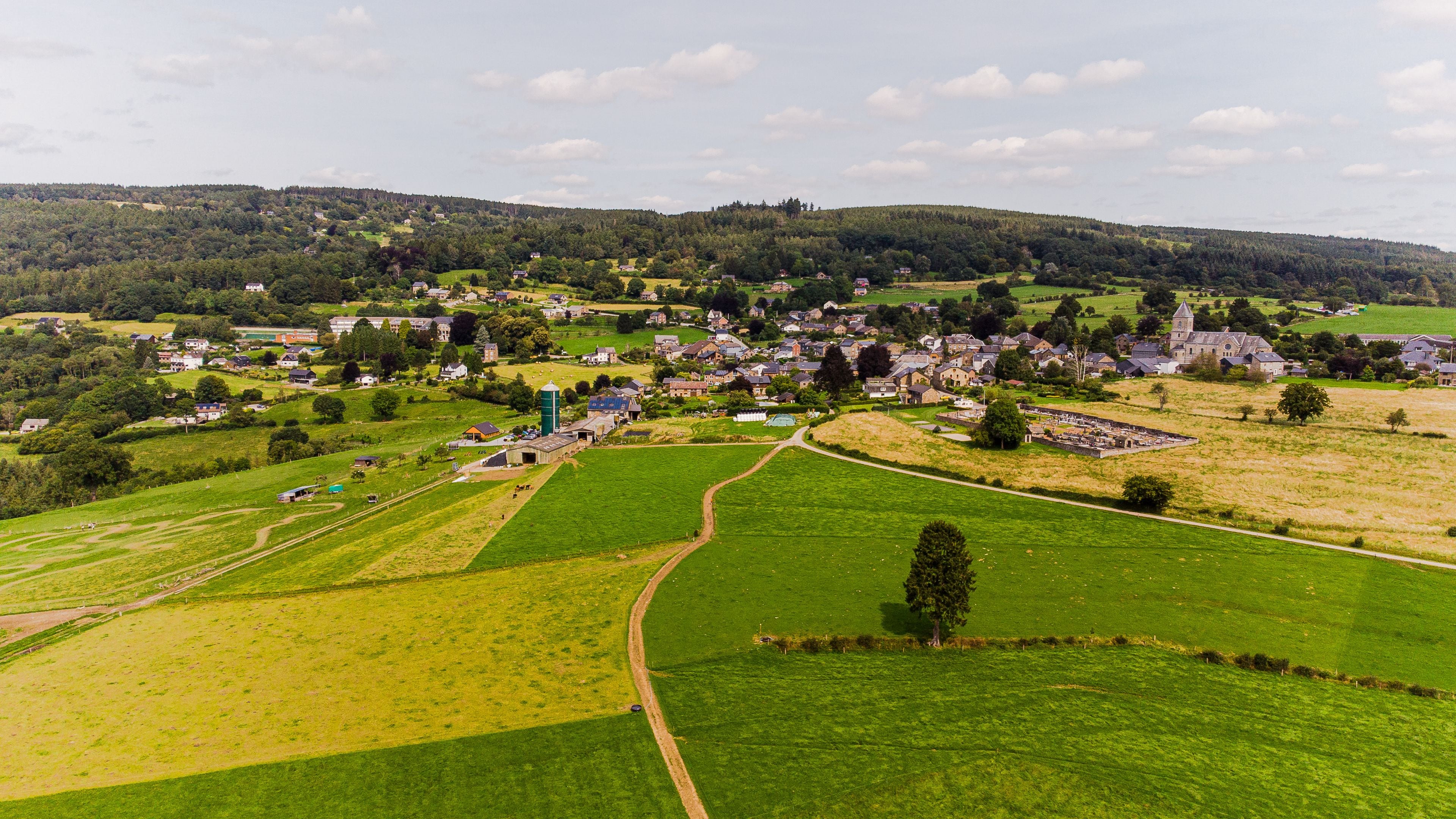 Un paysage rural avec un village, des champs verdoyants et une colline en arrière-plan.