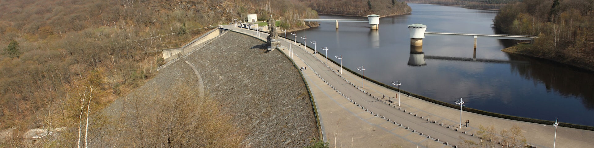 Panoramic view of the Gileppe Dam and Gileppe Lake near Jalhay in Wallonia, Belgium. The arch gravity dam is the highest in Belgium.