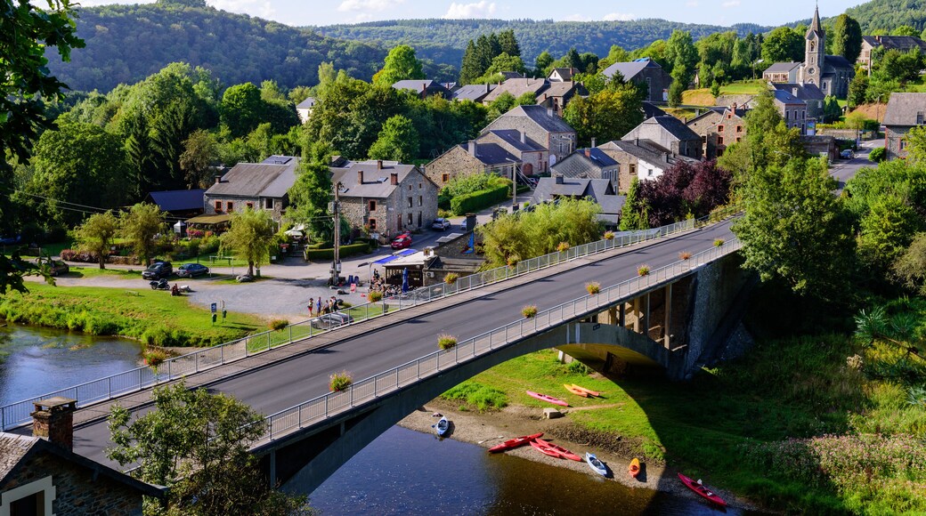 Ardennes. Panorama view on the village of Membre near Bohan with bridge across the Semois river. Ardennes, Belgium.