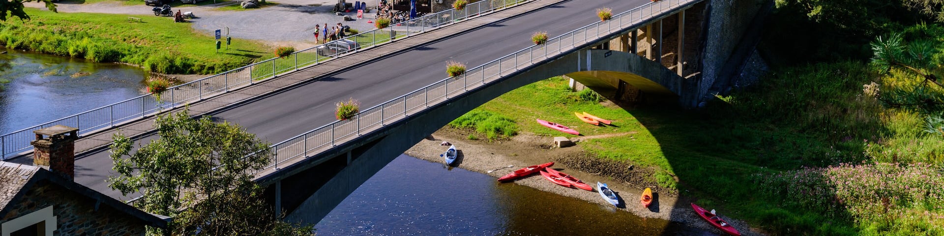 Ardennes. Panorama view on the village of Membre near Bohan with bridge across the Semois river. Ardennes, Belgium.
