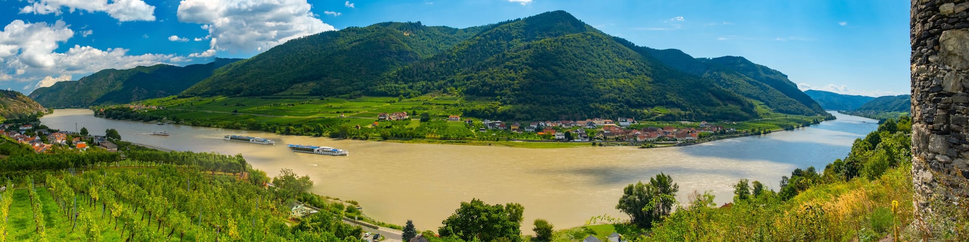 View from castle Hinterhaus in Spitz Wachau Austria with Danube river and vineyards