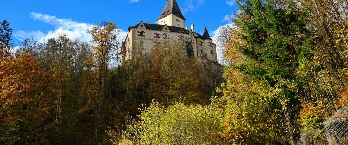 A castle surrounded by autumn foliage.