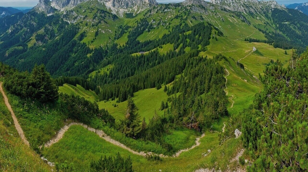 July 2015
Tannheimer Berge, Austria
The highest part of Tannheimer Berge mountains with summits Gimpel (2.173 m), Koellenspitze (2.238 m), Schneid (2.009 m) and Gehrenspitze (2.163 m). Tannheimer Berge belong to Allgaeuer Alps and Northern Limestone Alps and are very popular for sports climbing. The plateau below is the Schneetalalm and Schneetalalpe is suitable for easy hiking eg. from Hahnenkamm.