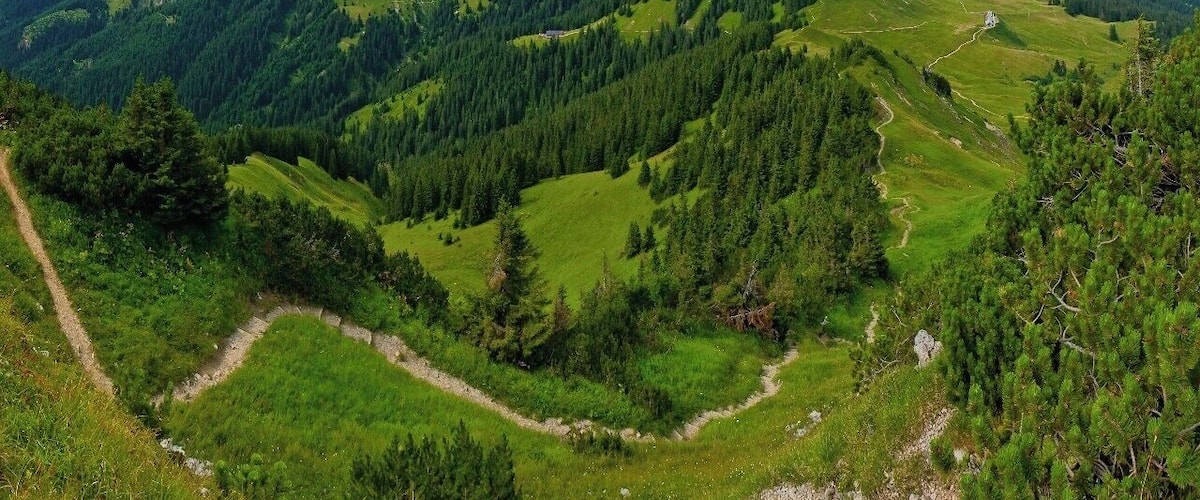A mountainous landscape with a winding path, dense forests, and rugged peaks.