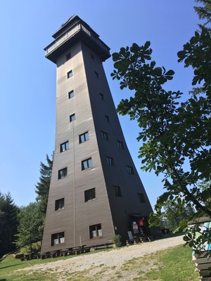 From afar, this watch tower resembles an alien rocket launch site, but it is just your not so average lookout tower. Nice vista, great nearby restaurant : http://www.naturpark-gasthaus.at/