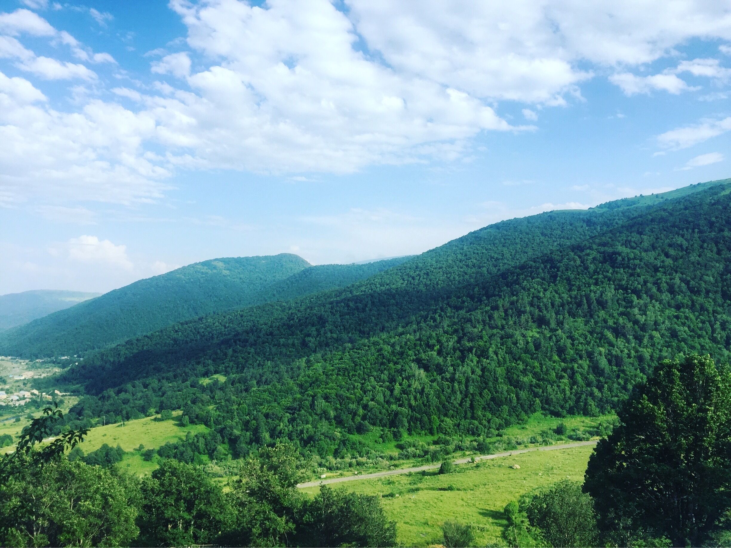 A lush green valley with rolling hills and a clear sky.