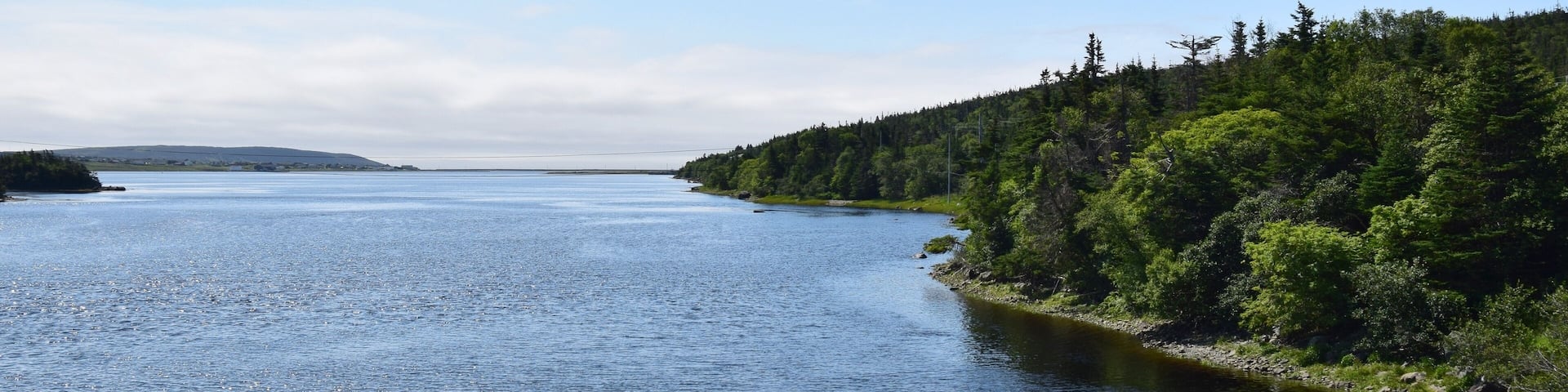 landscape around the Irish Loop; view along East Brook river inlet towards Trepassey harbour with Valna Fad in the background , Avalon peninsula Newfoundland Canada