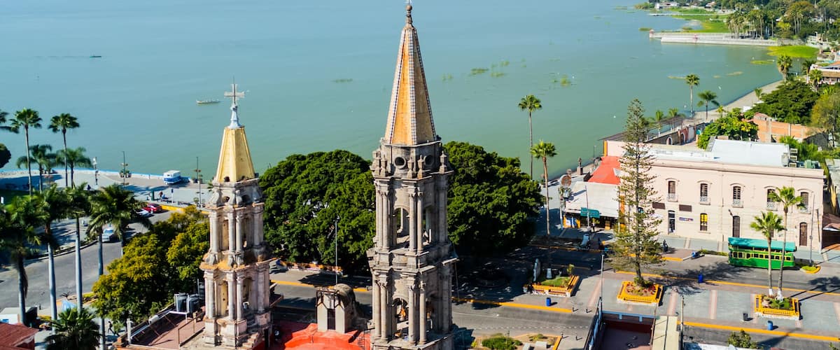 Chapala church towers overlooking the lake and boardwalk in Jalisco, Mexico