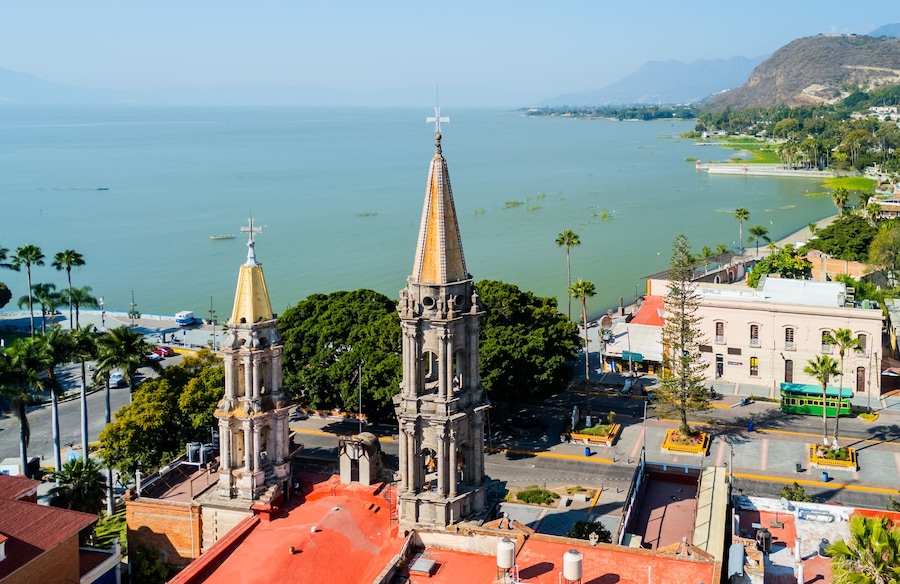 Chapala church towers overlooking the lake and boardwalk in Jalisco, Mexico