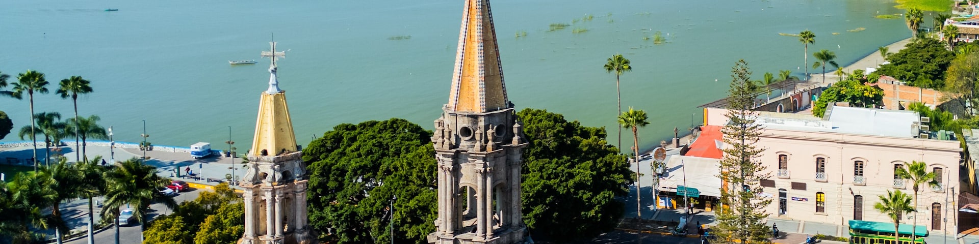 Chapala church towers overlooking the lake and boardwalk in Jalisco, Mexico