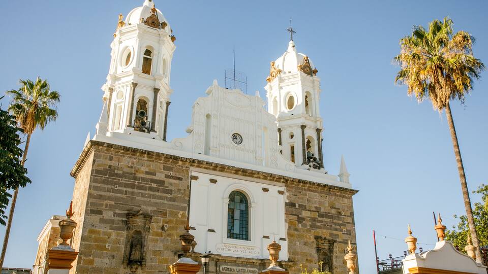 A historic white church with two bell towers and a clock, surrounded by palm trees.
