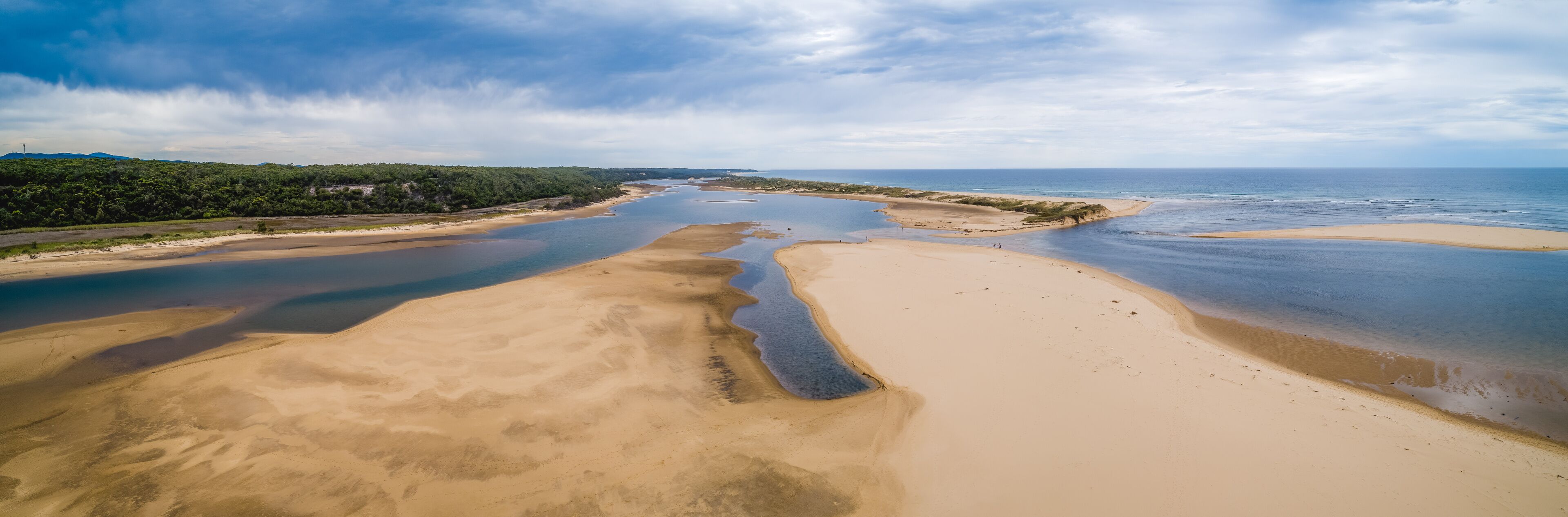 A coastal landscape with sandy beaches, a river delta, and a forested area.