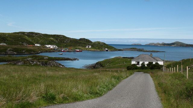 The road to Circebost pier. looking north along the road towards the inlet of Dubh Thob.