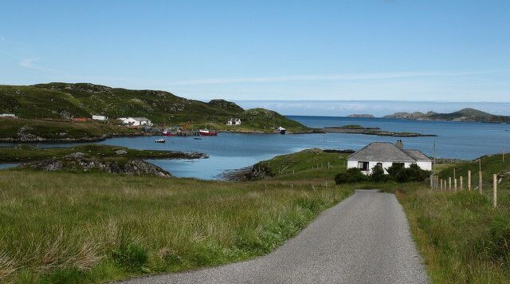 The road to Circebost pier. looking north along the road towards the inlet of Dubh Thob.