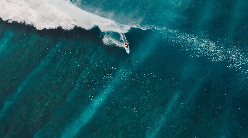 Aerial view with surfing on wave. Perfect waves with surfers in ocean