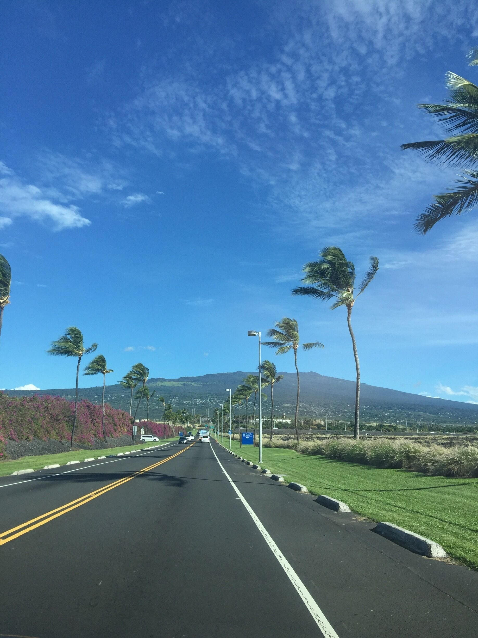 Road leaving Kona International Airport on Hawaii Island's west coast.    Mt. Hualalai straight ahead; sunny skies, light trade winds ~ it doesn't get better than this!