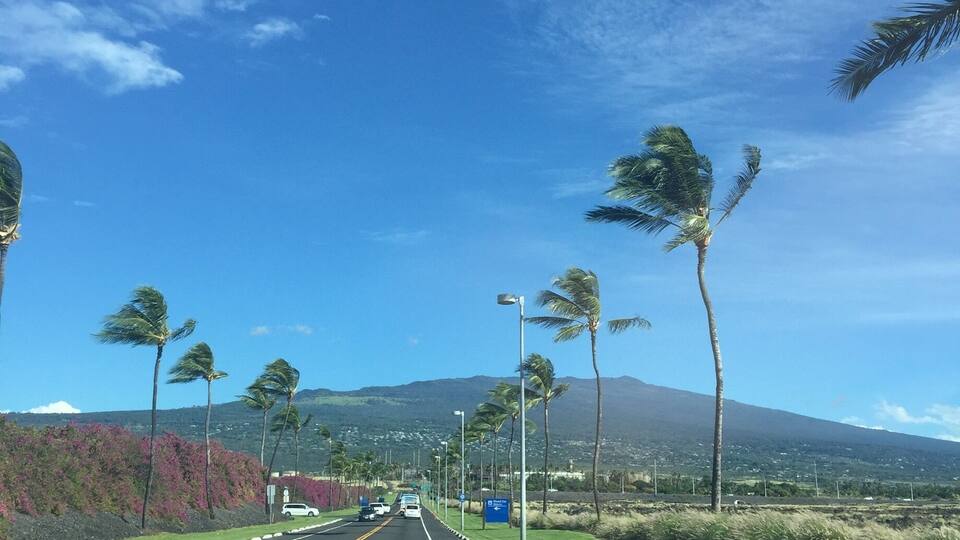 Road leaving Kona International Airport on Hawaii Island's west coast. Mt. Hualalai straight ahead; sunny skies, light trade winds ~ it doesn't get better than this!