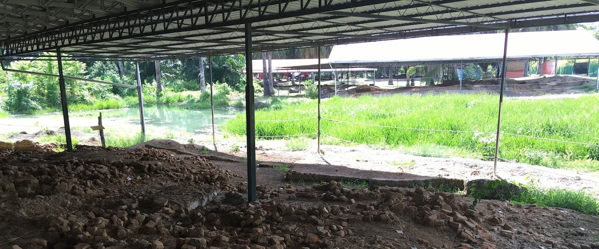 An archaeological site with exposed ruins and a covered shelter.