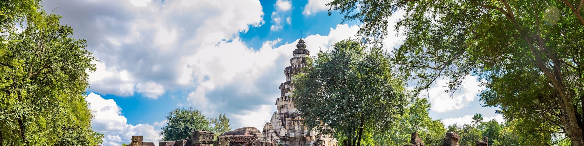 Panorama landscape of Prasat Hin Phanom Wan is a Khmer era castle located in a historical park. Nakhon Ratchasima Province, Thailand