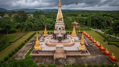 Aerial view of the beautiful pagoda at Wat Phra That Ket Kaeo Chulamni, Chaiyaphum, Thailand
