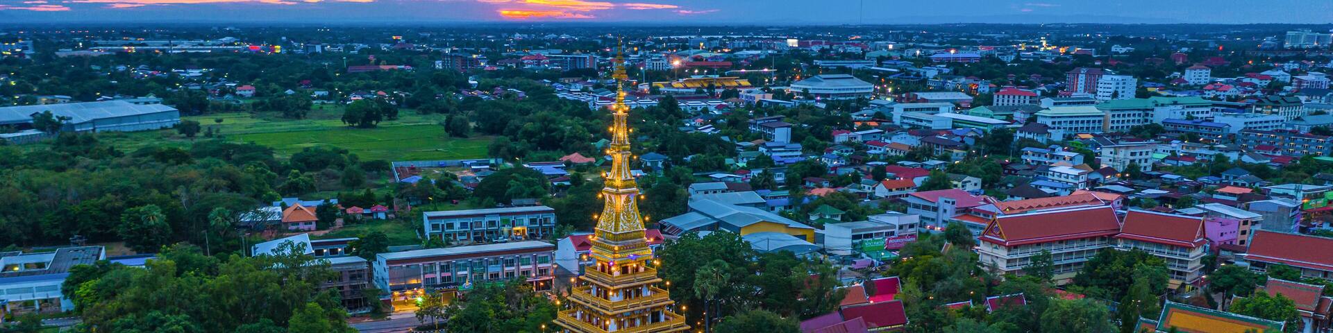 Aerial view Phra Mahathat Kaen Nakhon, Wat Nong Wang, Khon Kaen, Thailand.
