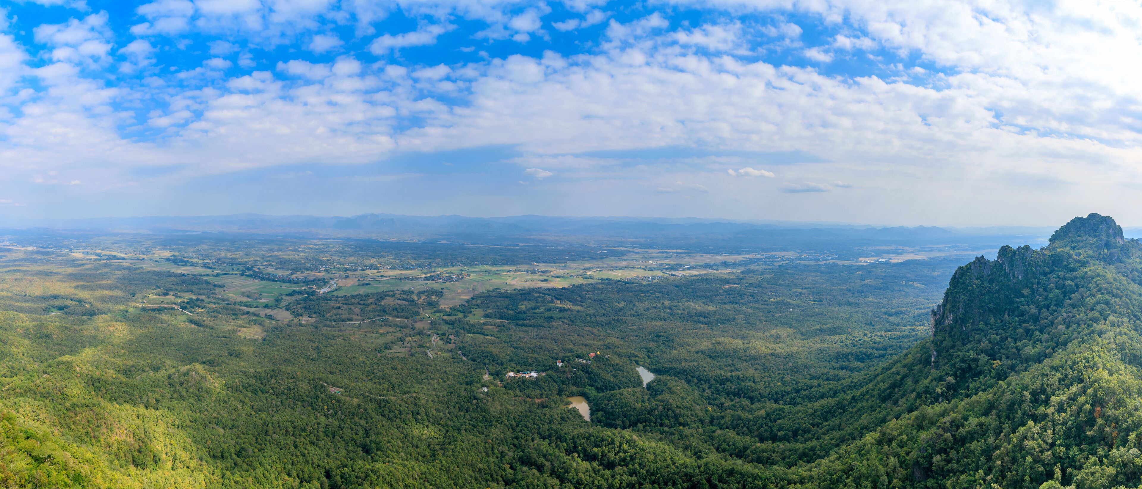 View scenery from floating pagoda at Wat Chaloem Phra Kiat (Phra Bat Pupha Daeng) temple in Chae Hom district, Lampang, Thailand